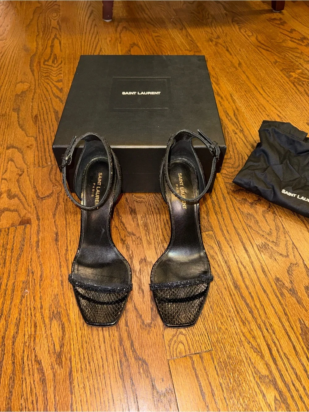 Size 38.5 Saint Laurent Opyum (YSL) Black Glitter Strappy Heeled Sandals